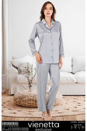 Woman Katia Satin V Neck Buttoned Lace Detail Long Sleeeve Pyjama Set
