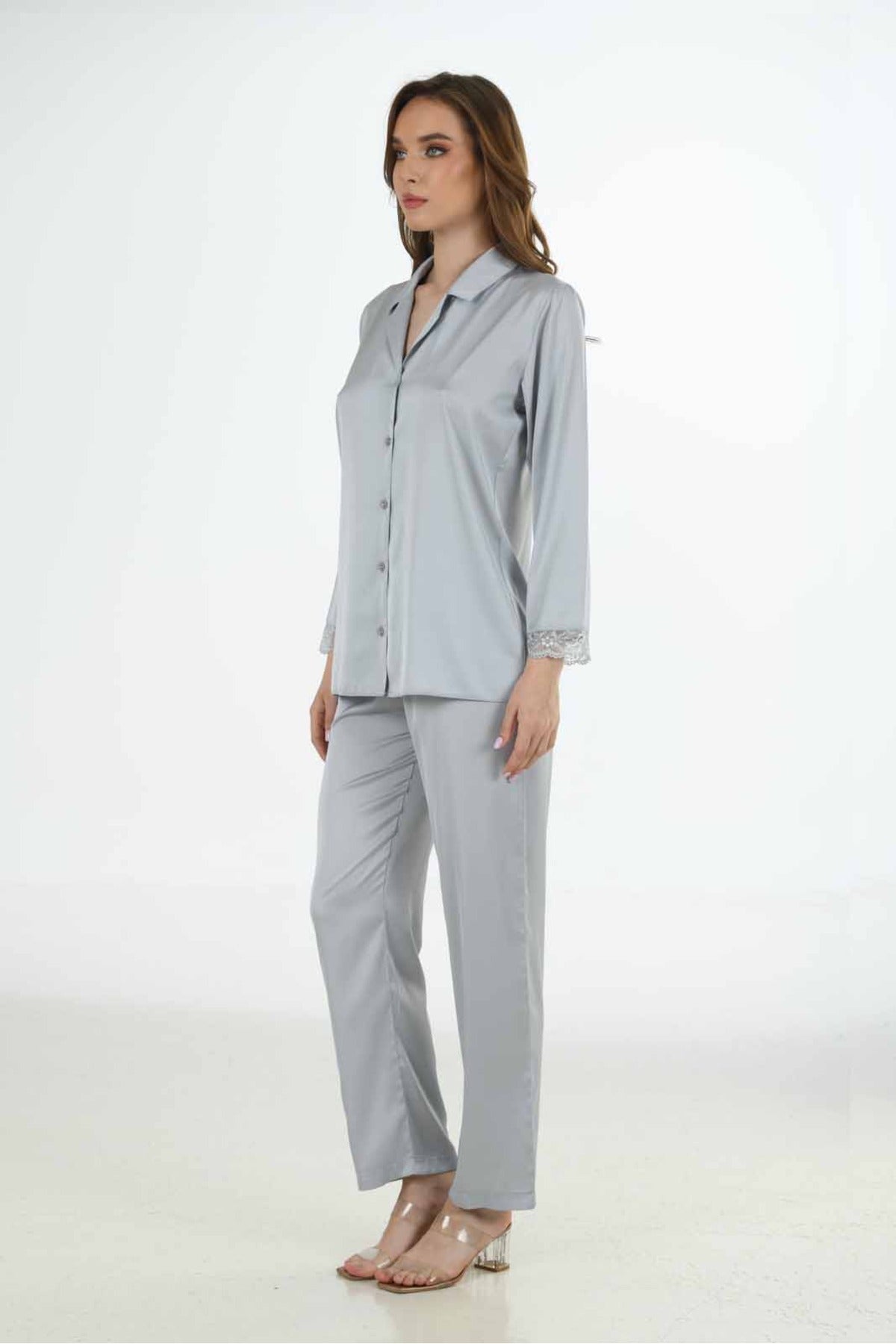 Woman Katia Satin V Neck Buttoned Lace Detail Long Sleeeve Pyjama Set