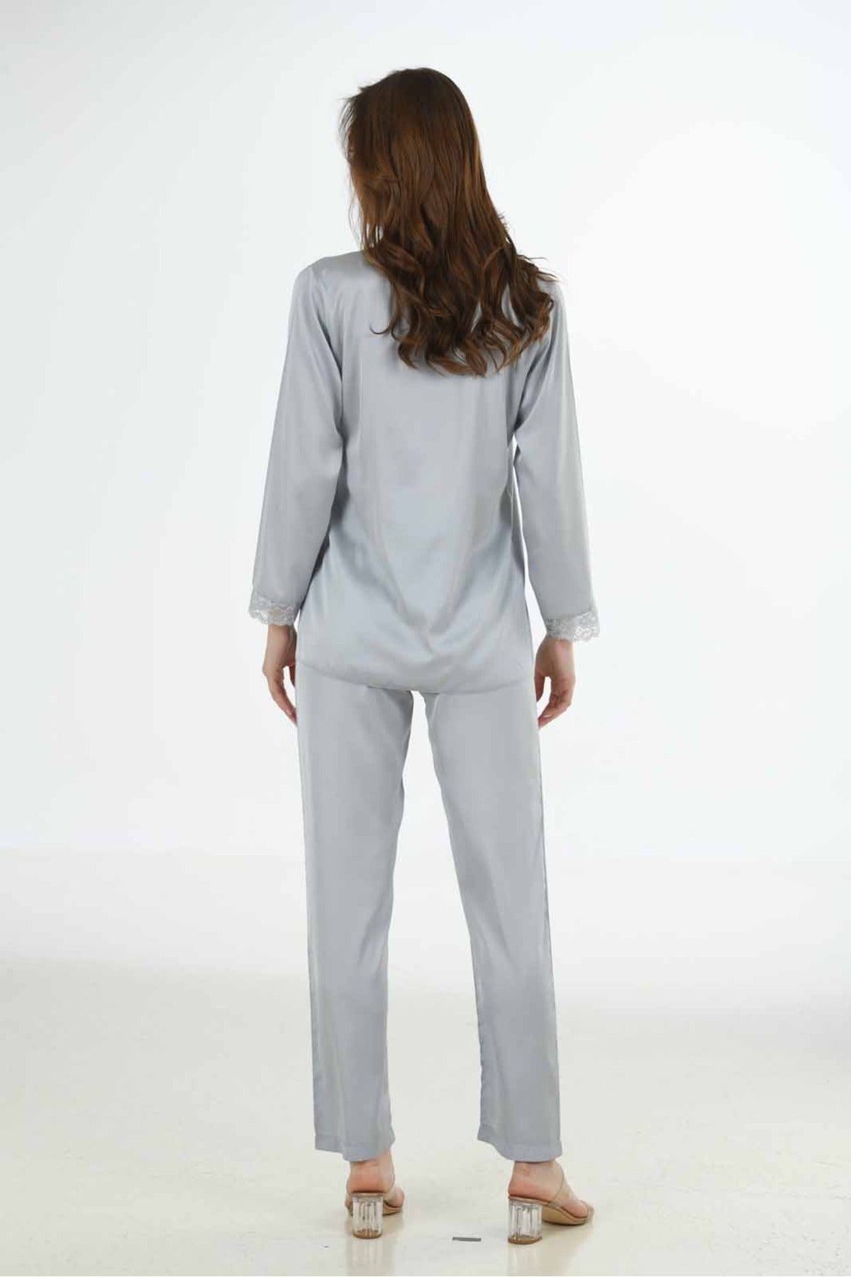 Woman Katia Satin V Neck Buttoned Lace Detail Long Sleeeve Pyjama Set