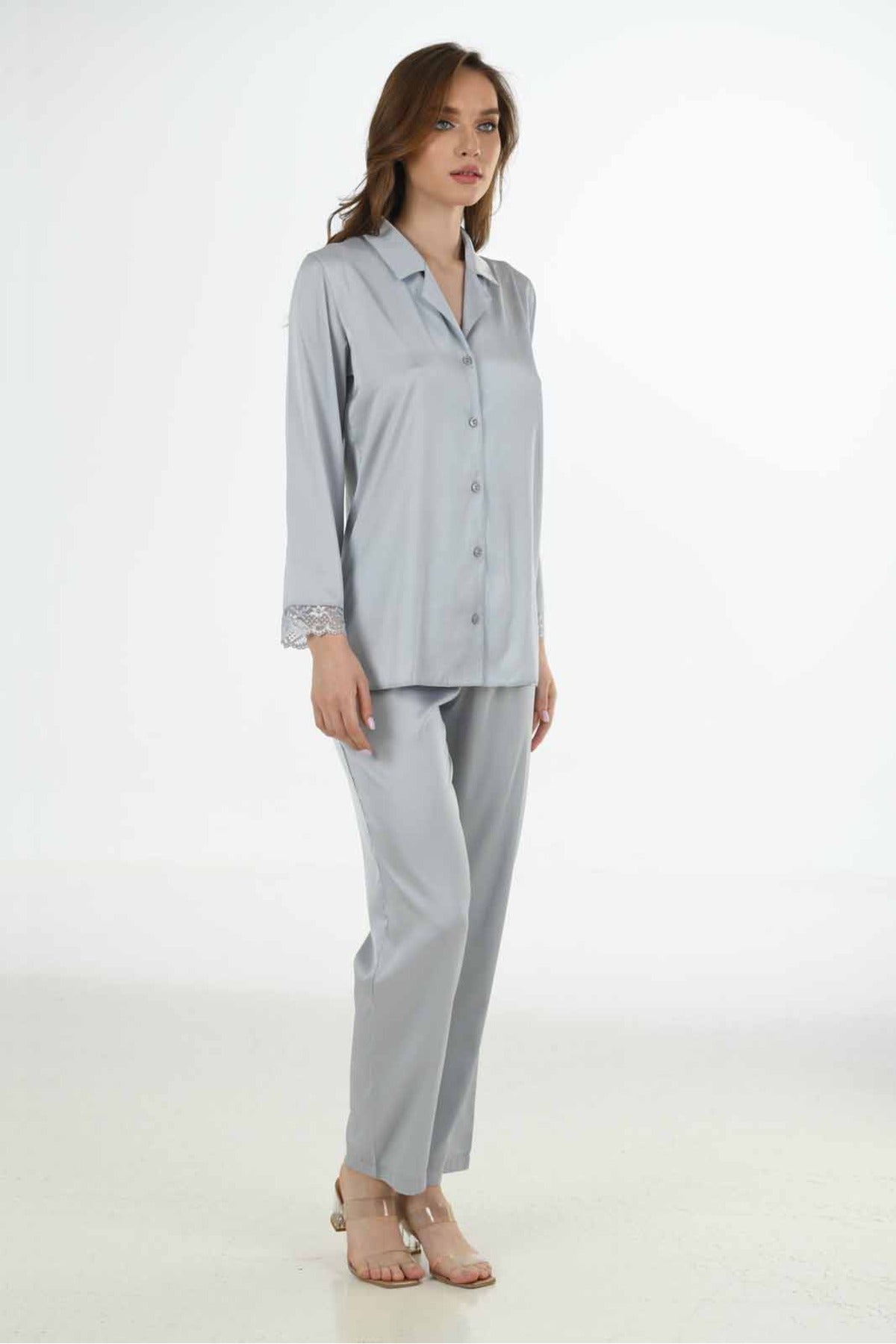 Woman Katia Satin V Neck Buttoned Lace Detail Long Sleeeve Pyjama Set
