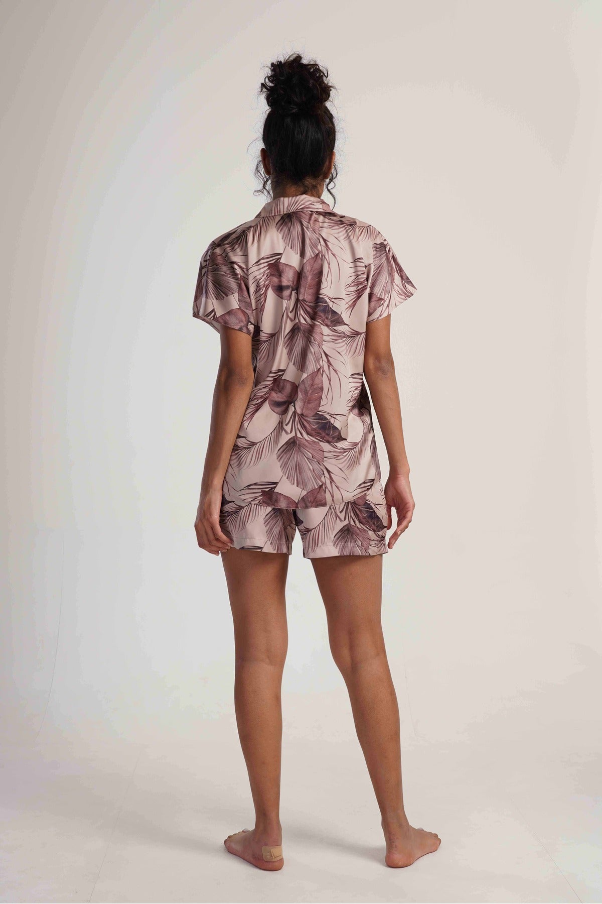 Woman Satin Brownie Short Sleeve Buttoned Short Set