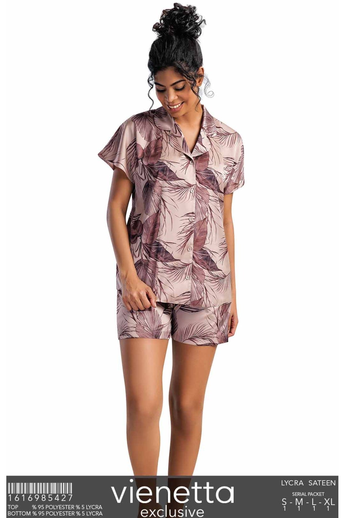 Woman Satin Brownie Short Sleeve Buttoned Short Set