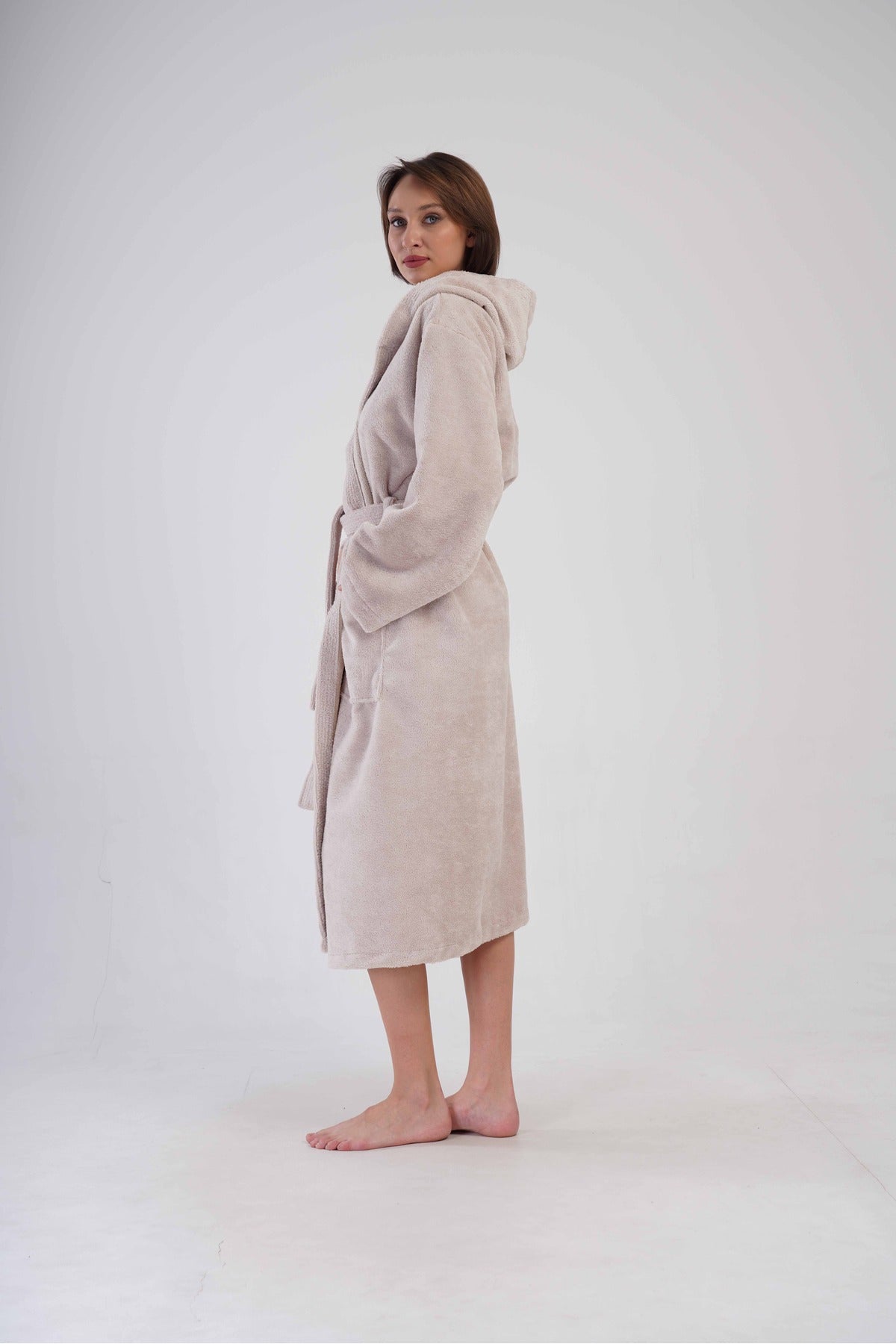 Woman Bukle Cream Hoodie Detail Long Sleeve Bathrobe