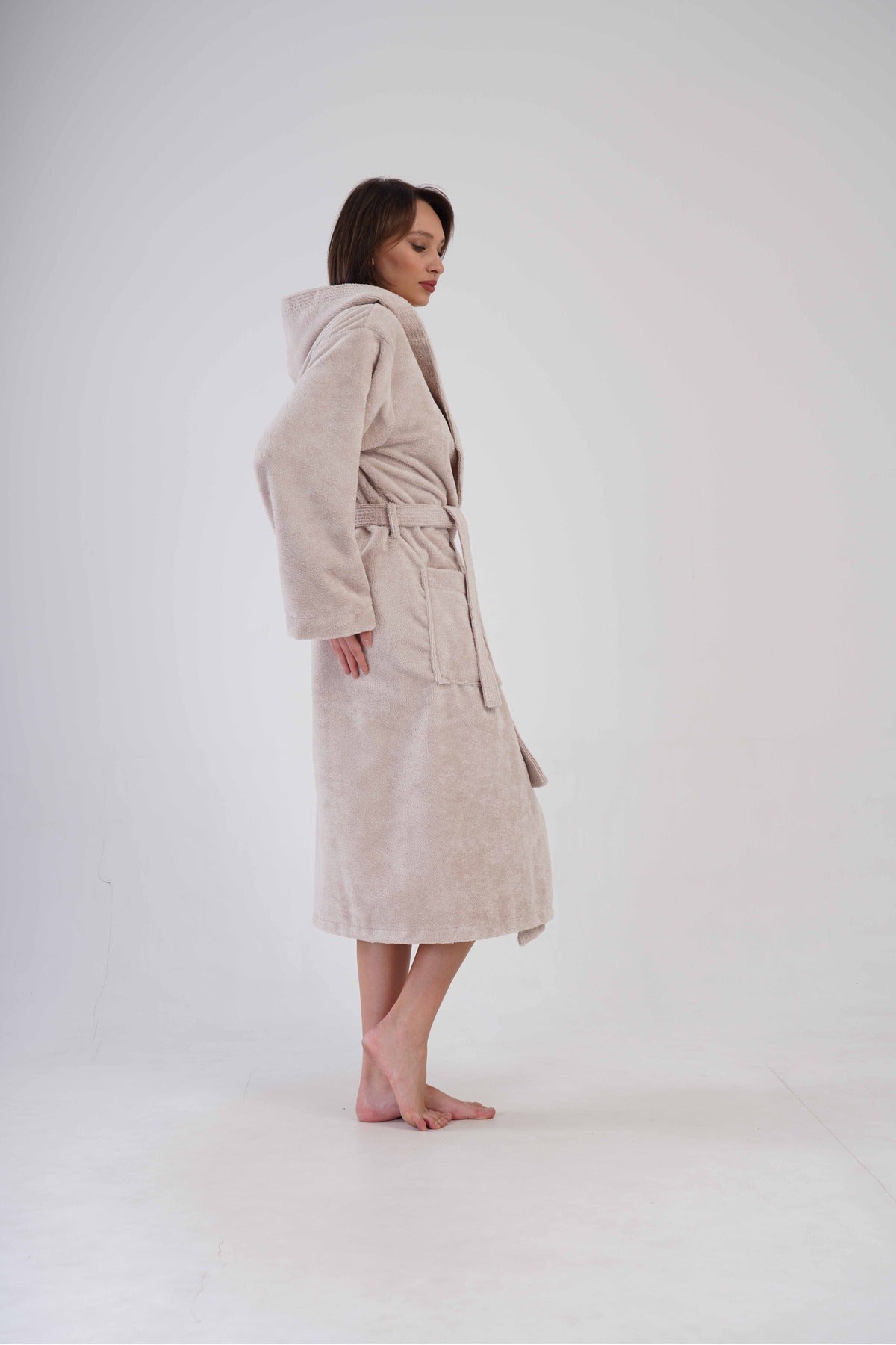 Woman Bukle Cream Hoodie Detail Long Sleeve Bathrobe