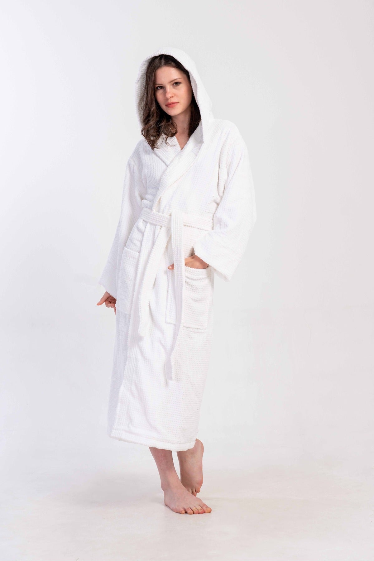 Woman Bukle White Hoodie Detail Long Sleeve Bathrobe
