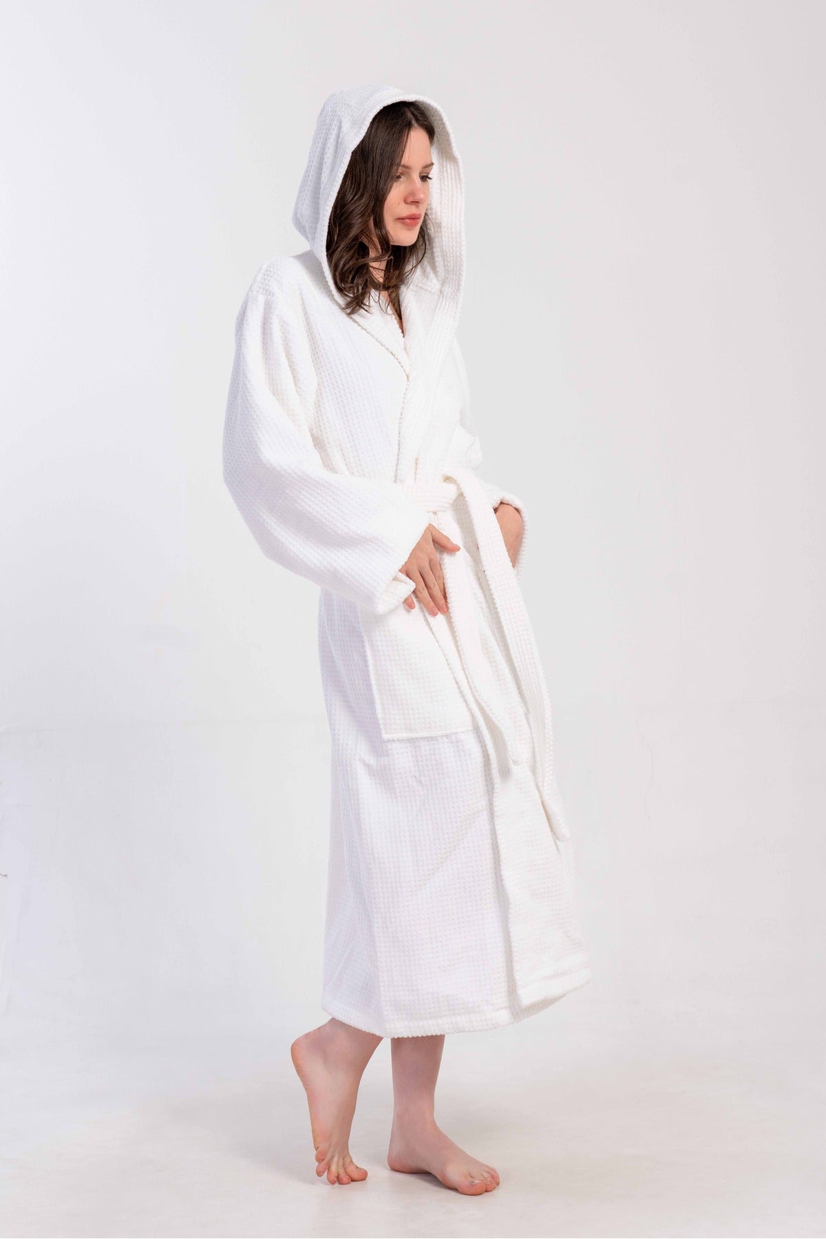 Woman Bukle White Hoodie Detail Long Sleeve Bathrobe