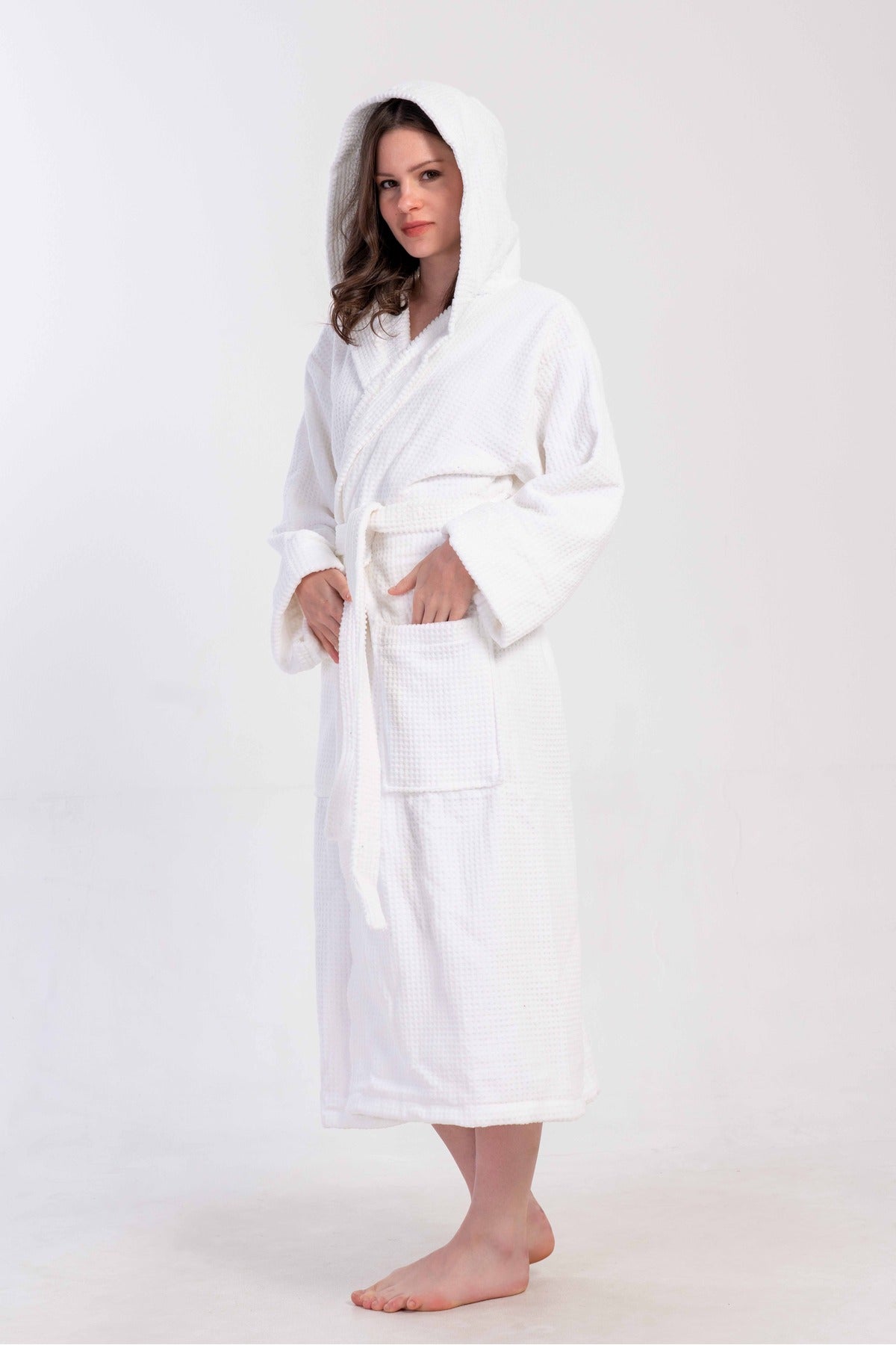 Woman Bukle White Hoodie Detail Long Sleeve Bathrobe