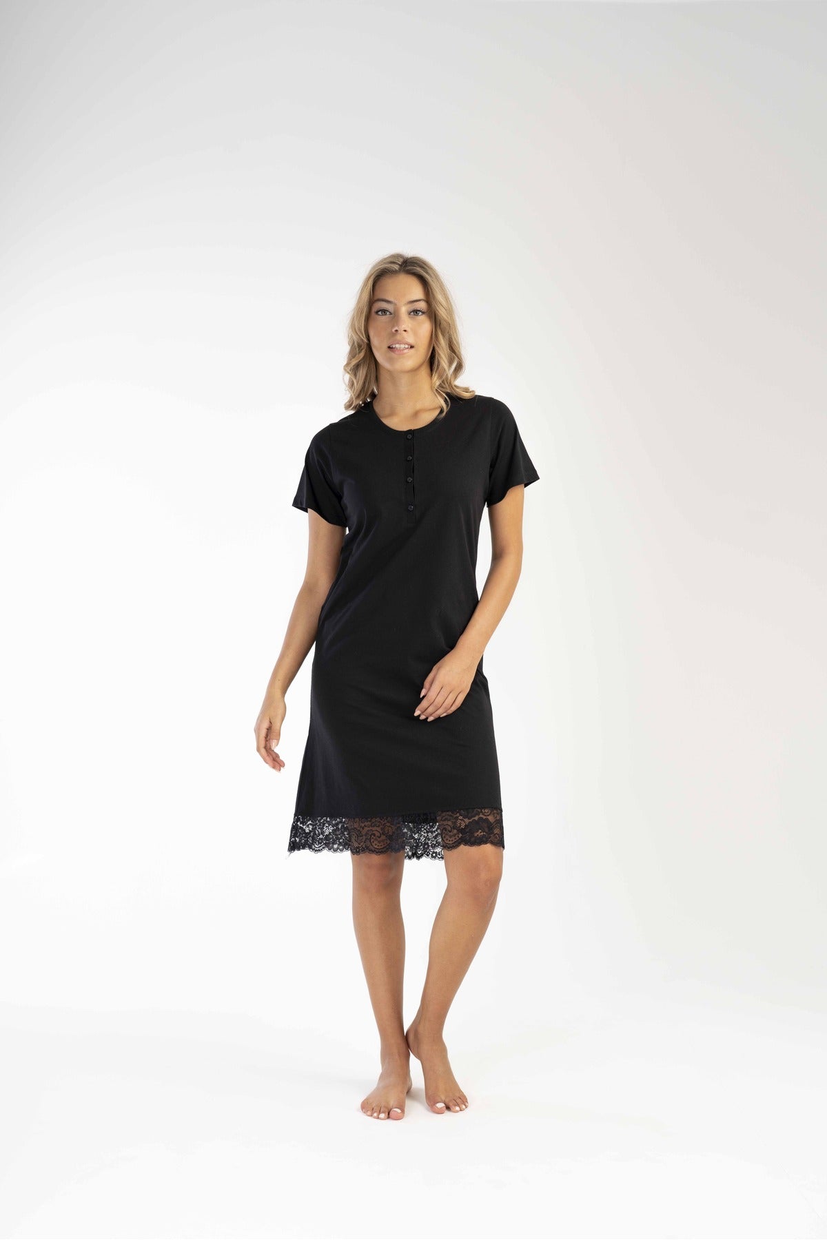 Woman Supreme Buttoned Short Sleeve Lace Detail Dark Tunic