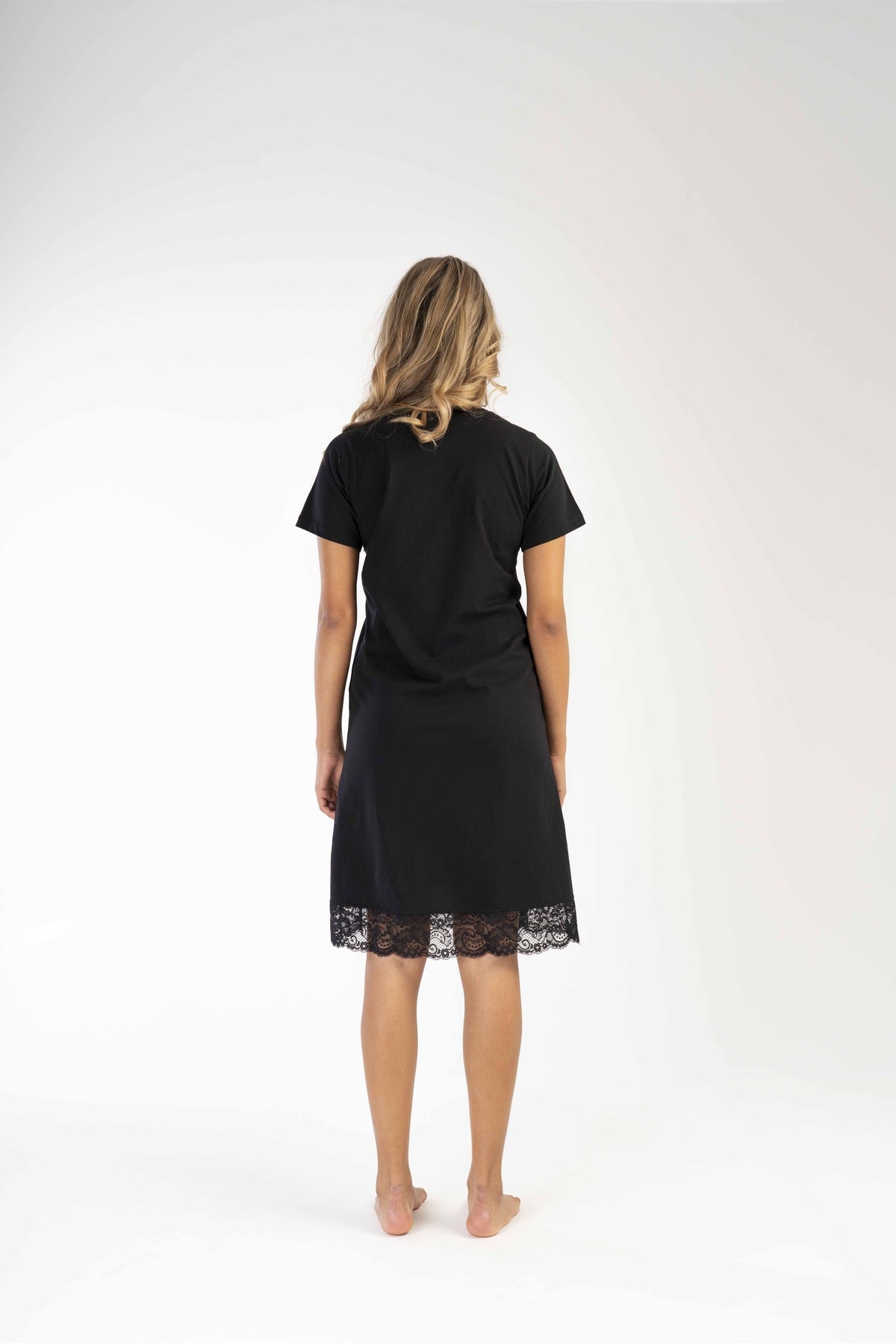 Woman Supreme Buttoned Short Sleeve Lace Detail Dark Tunic