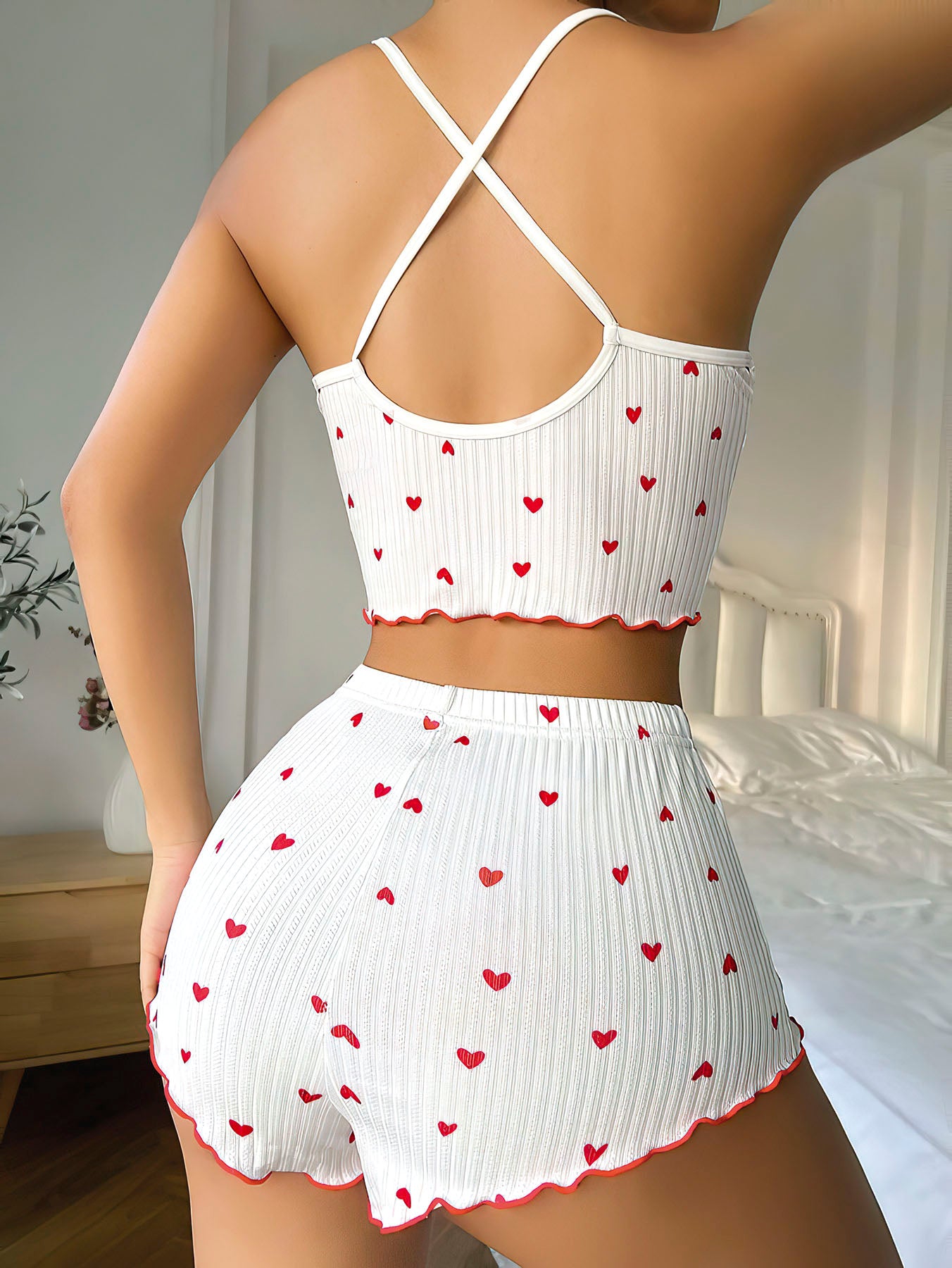 White Heart Print Short Pajama Set