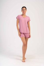 Woman Rosebloom Lycra Viscon V Neck Short Sleeve Short Set