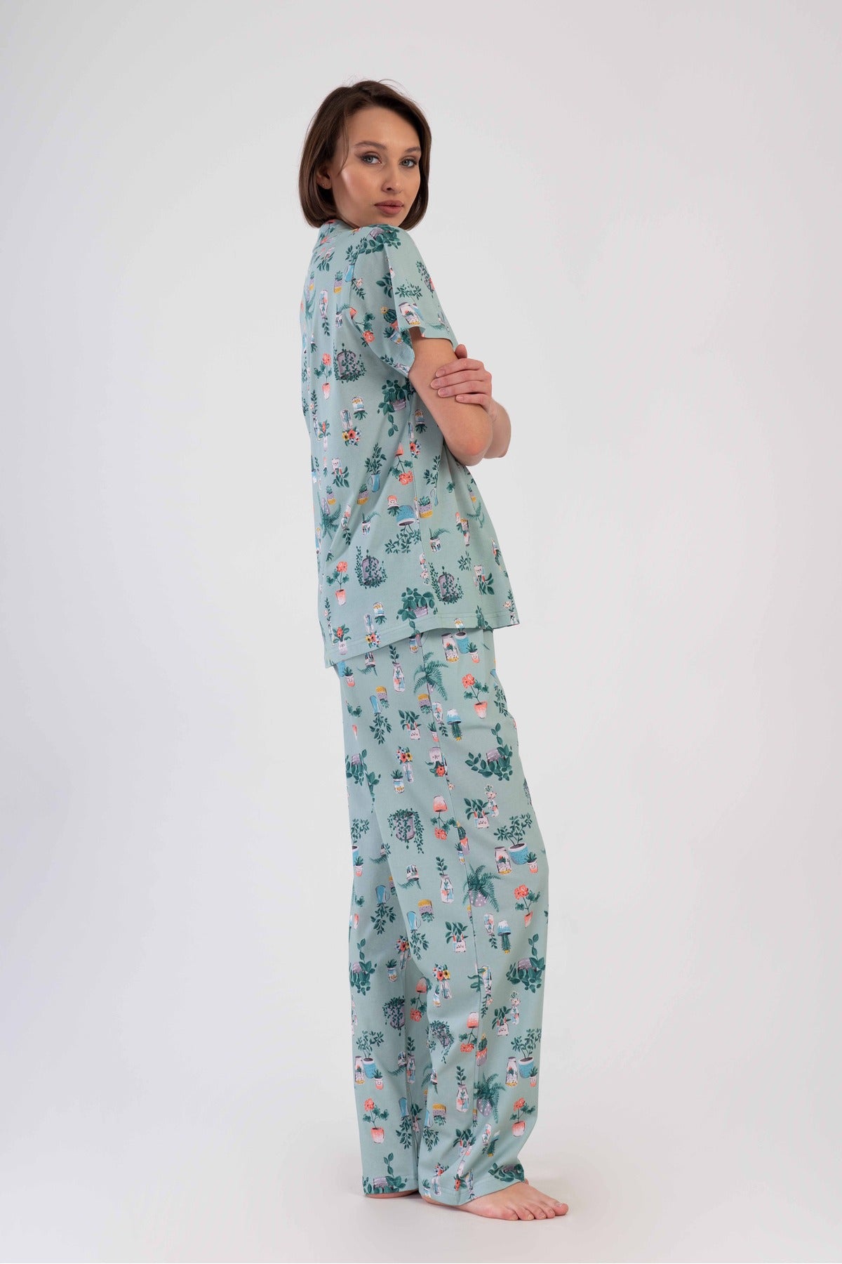 Woman Supreme Big Size Kima Shirt Collar Short Sleeve Buttoned Pyjama Set