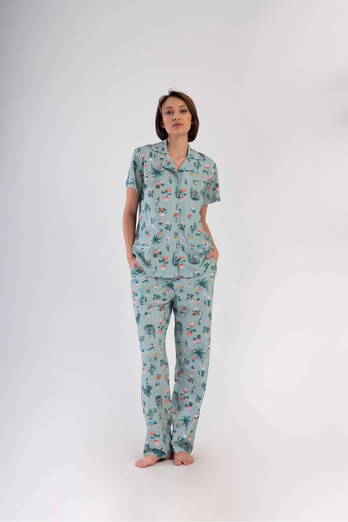 Woman Supreme Big Size Kima Shirt Collar Short Sleeve Buttoned Pyjama Set