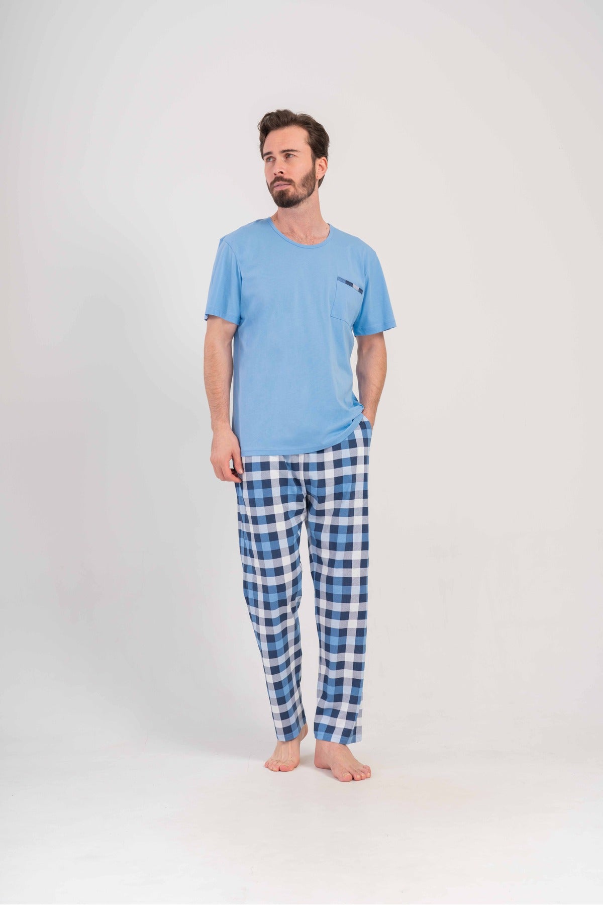 Man Supreme Blue Plaid O Neck Short Sleeve Pyjama Set