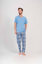 Man Supreme Blue Plaid O Neck Short Sleeve Pyjama Set