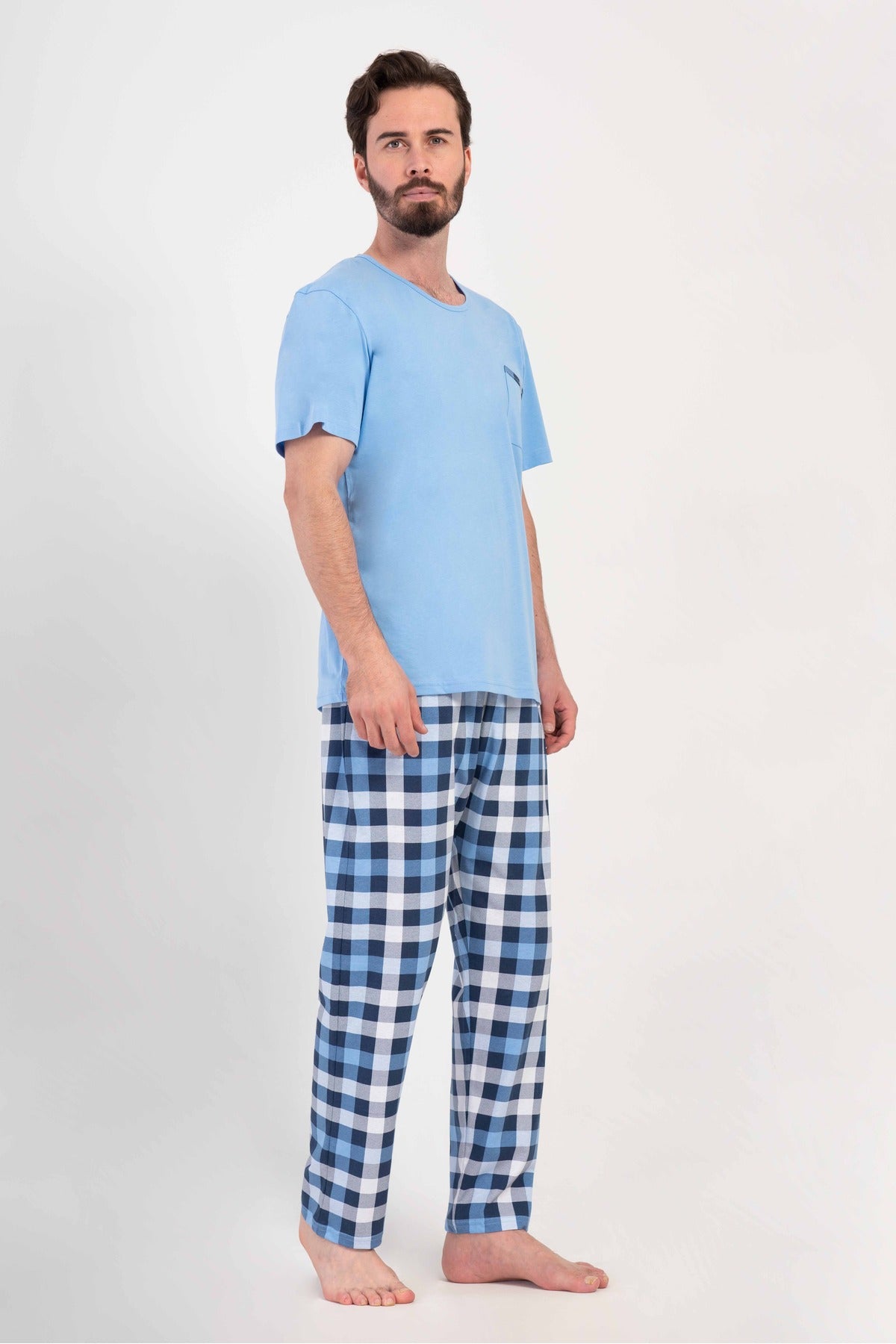 Man Supreme Blue Plaid O Neck Short Sleeve Pyjama Set