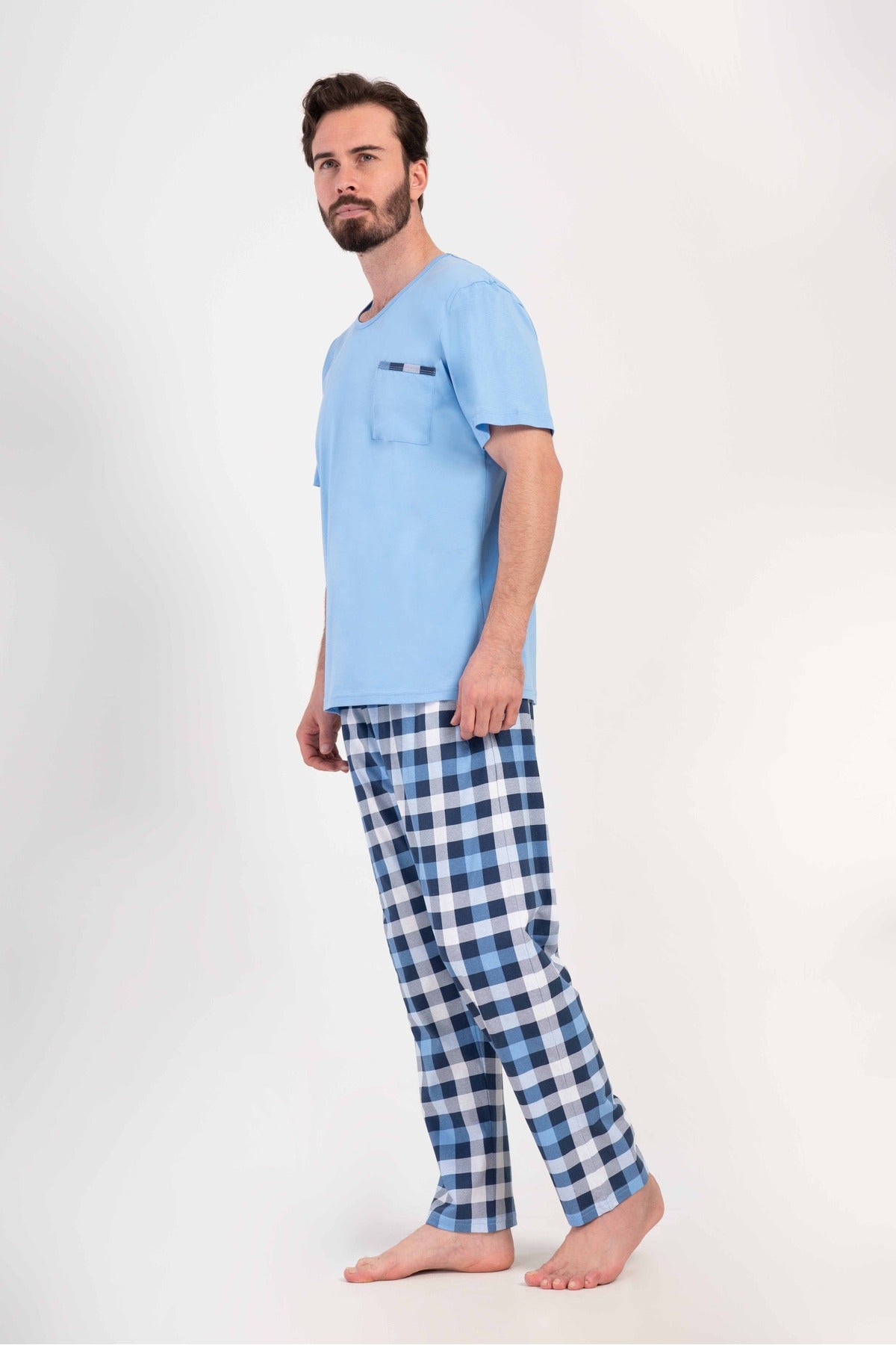 Man Supreme Blue Plaid O Neck Short Sleeve Pyjama Set