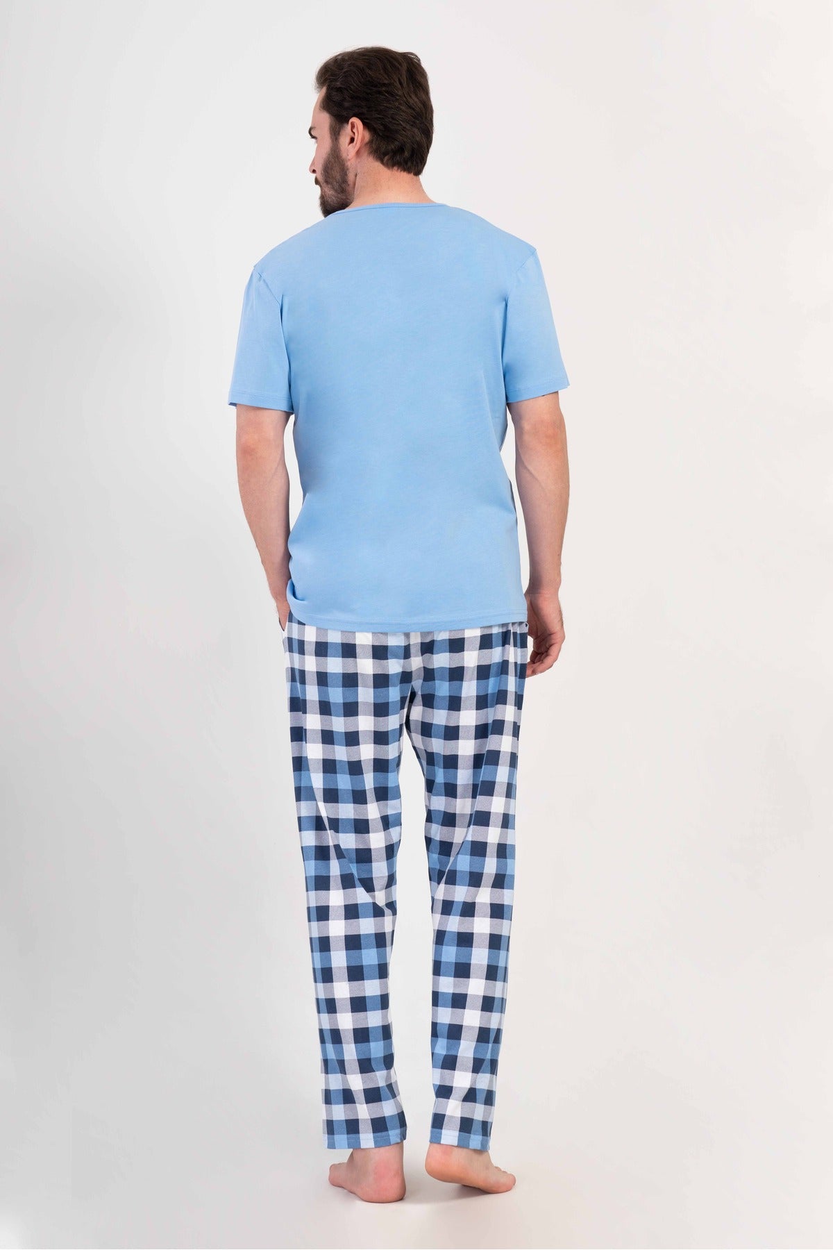 Man Supreme Blue Plaid O Neck Short Sleeve Pyjama Set
