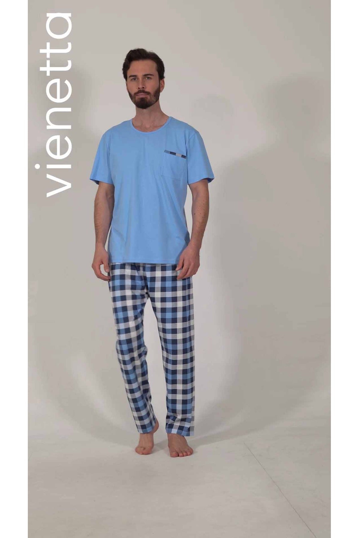 Man Supreme Blue Plaid O Neck Short Sleeve Pyjama Set