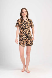 Woman Supreme Leopard Shirt Neck Short Sleeve Buttoned Short Set