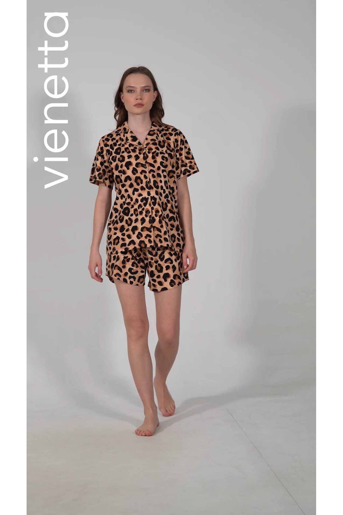 Woman Supreme Leopard Shirt Neck Short Sleeve Buttoned Short Set