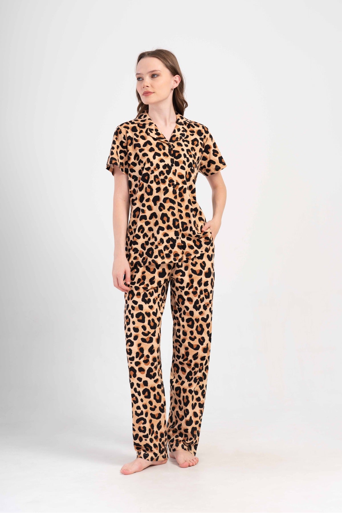 Woman Supreme Big Size Leopard Short Sleeve Shirt Collar Pyjama Set