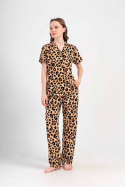 Woman Supreme Big Size Leopard Short Sleeve Shirt Collar Pyjama Set