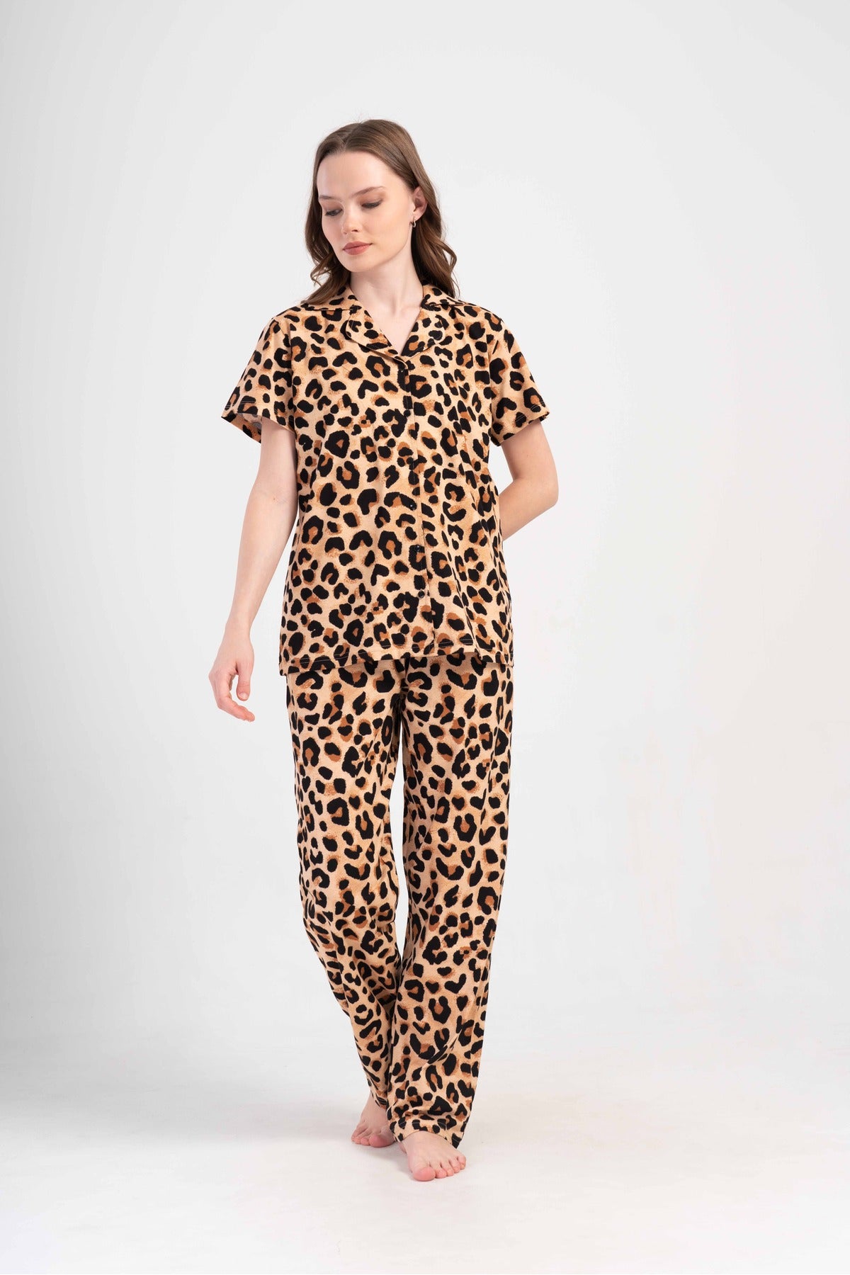 Woman Supreme Big Size Leopard Short Sleeve Shirt Collar Pyjama Set