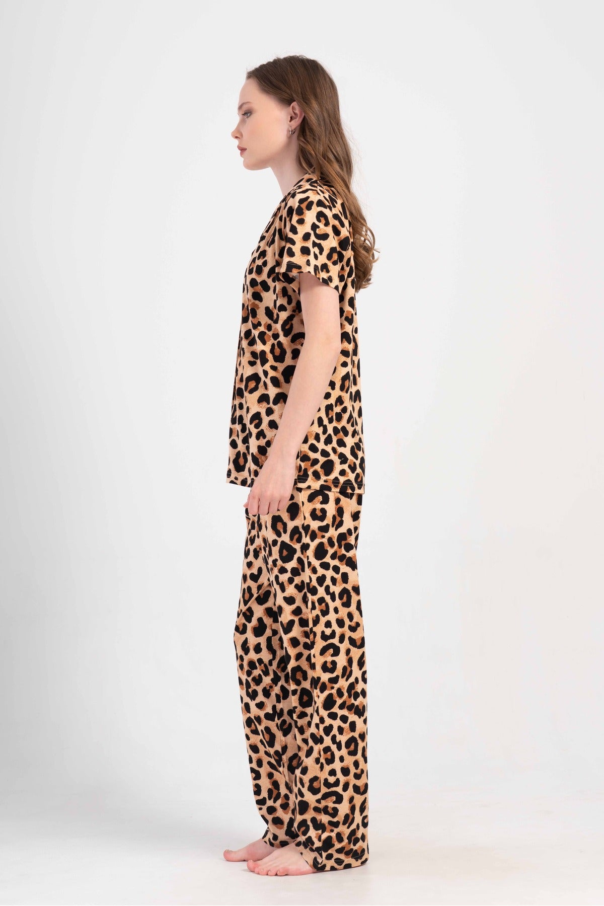 Woman Supreme Big Size Leopard Short Sleeve Shirt Collar Pyjama Set