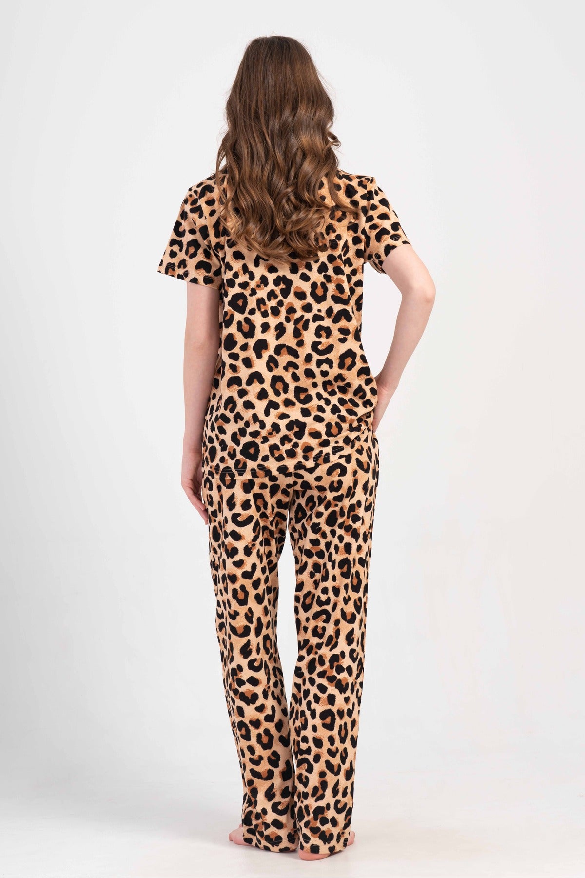 Woman Supreme Big Size Leopard Short Sleeve Shirt Collar Pyjama Set
