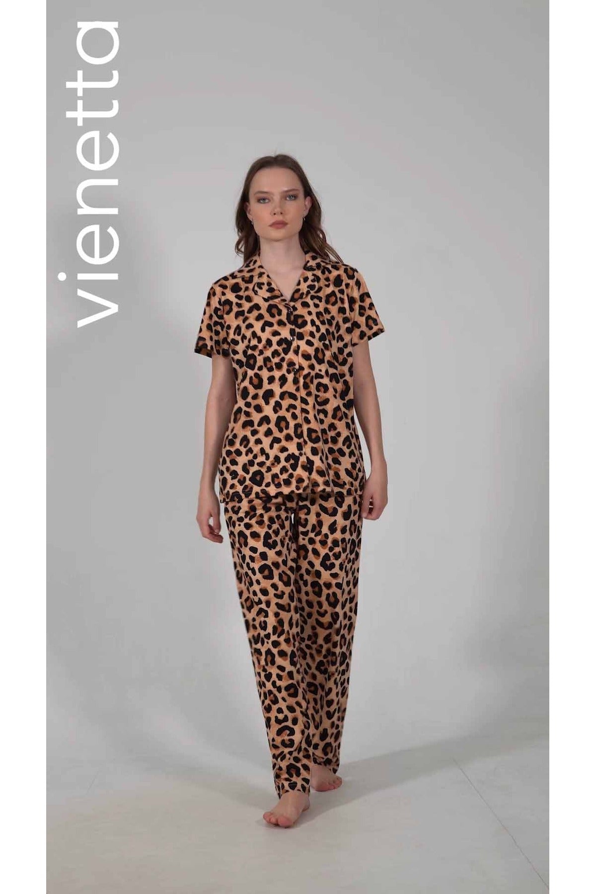 Woman Supreme Big Size Leopard Short Sleeve Shirt Collar Pyjama Set