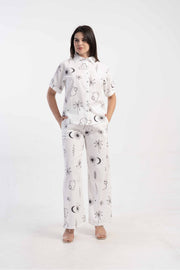 Woman Short Sleeve Buttoned Long Pants Set