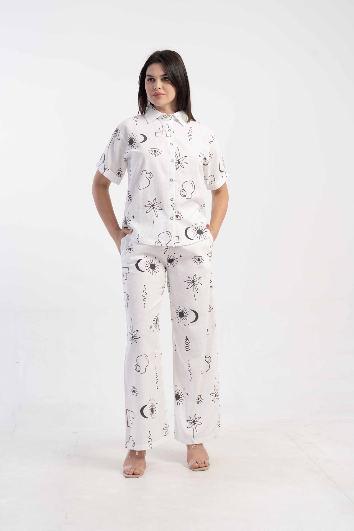 Woman Short Sleeve Buttoned Long Pants Set