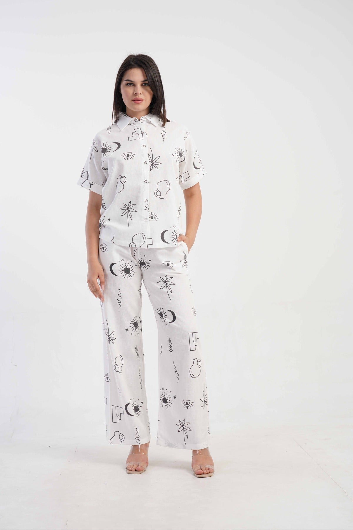 Woman Short Sleeve Buttoned Long Pants Set