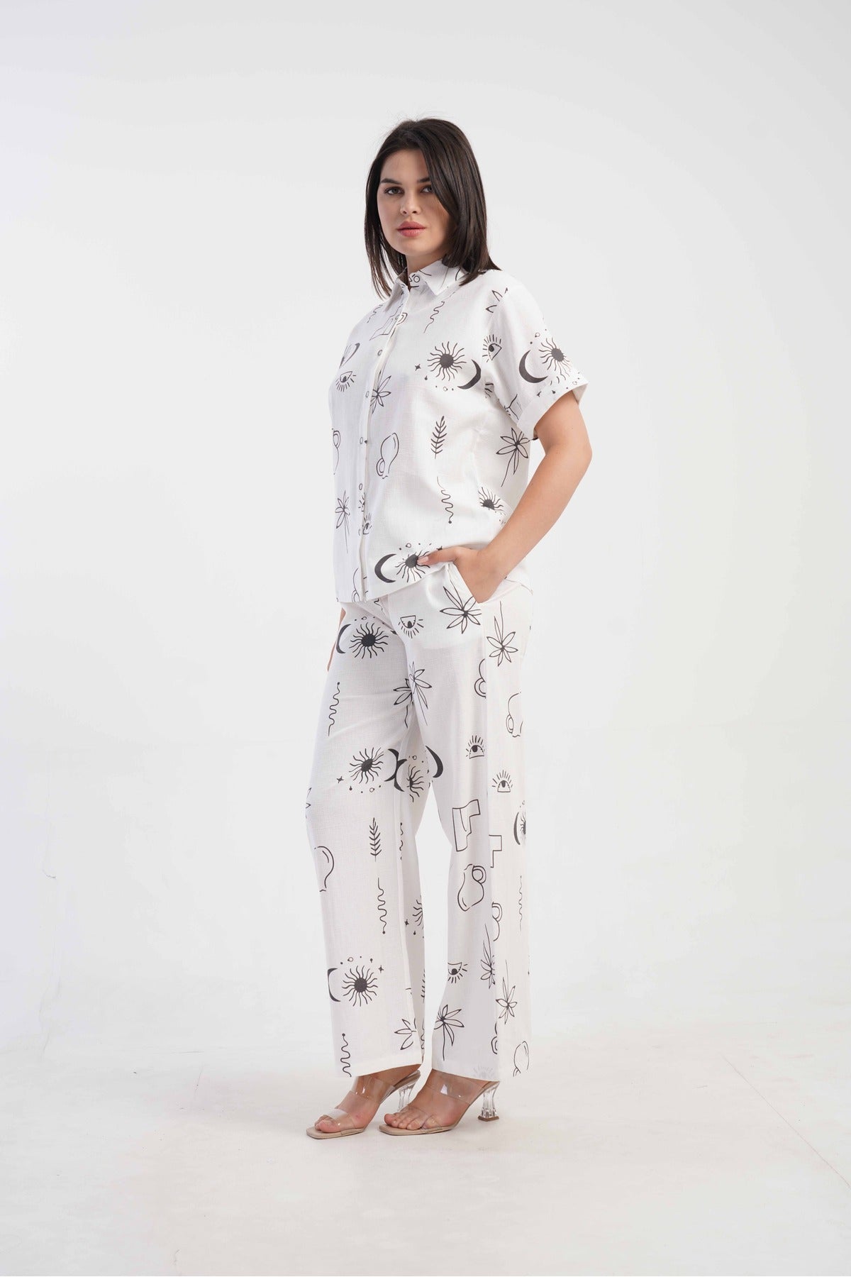 Woman Short Sleeve Buttoned Long Pants Set