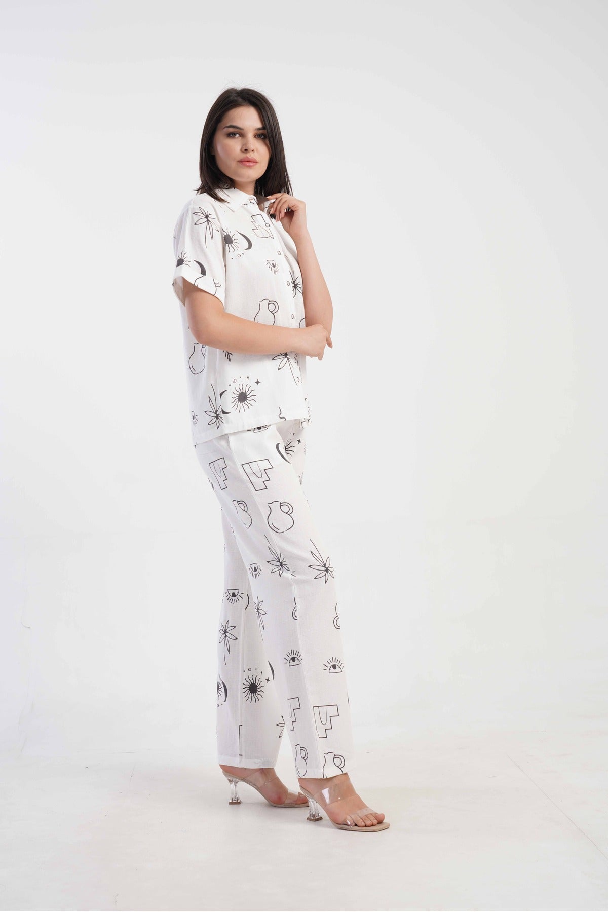 Woman Short Sleeve Buttoned Long Pants Set