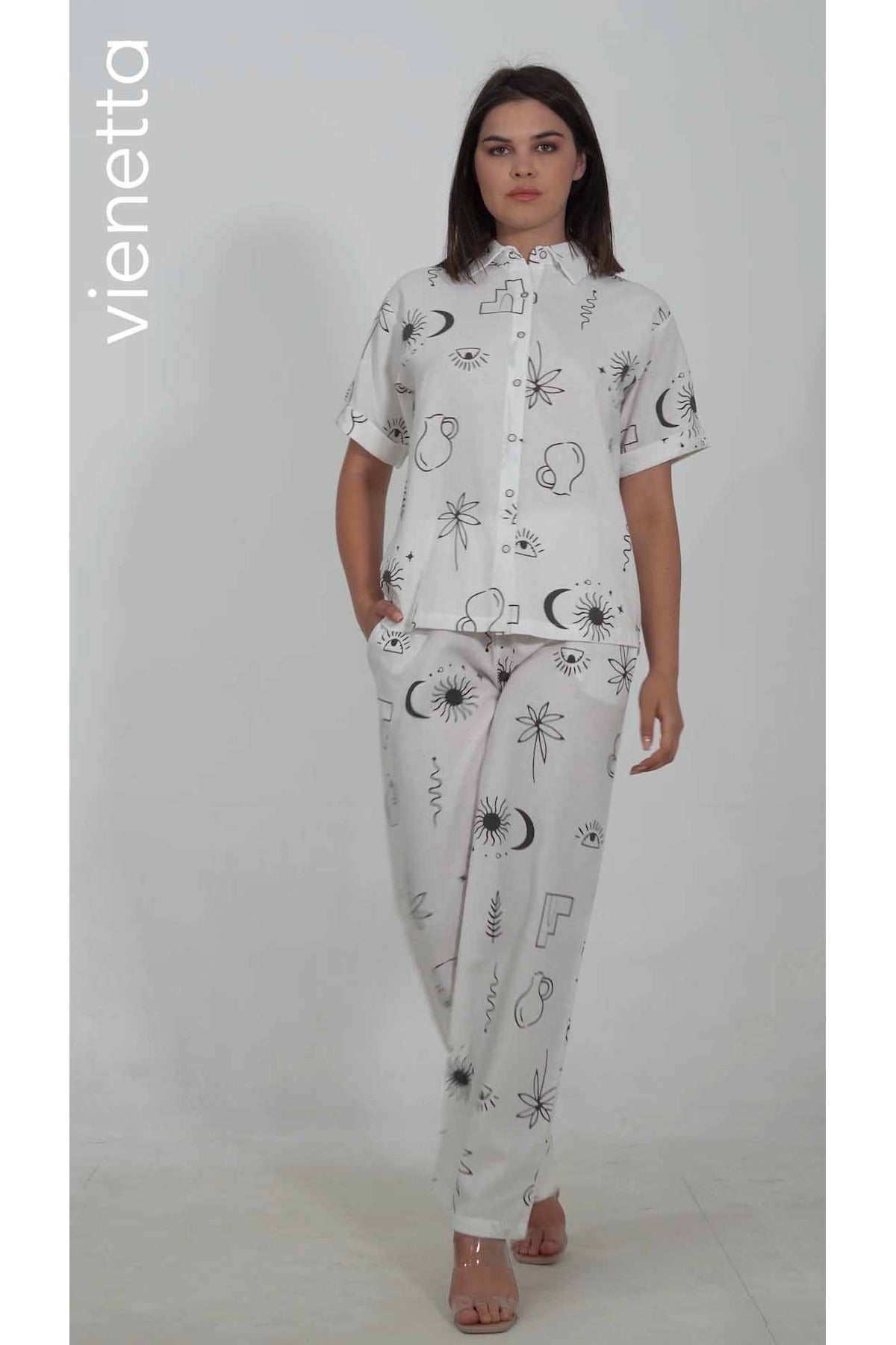 Woman Short Sleeve Buttoned Long Pants Set