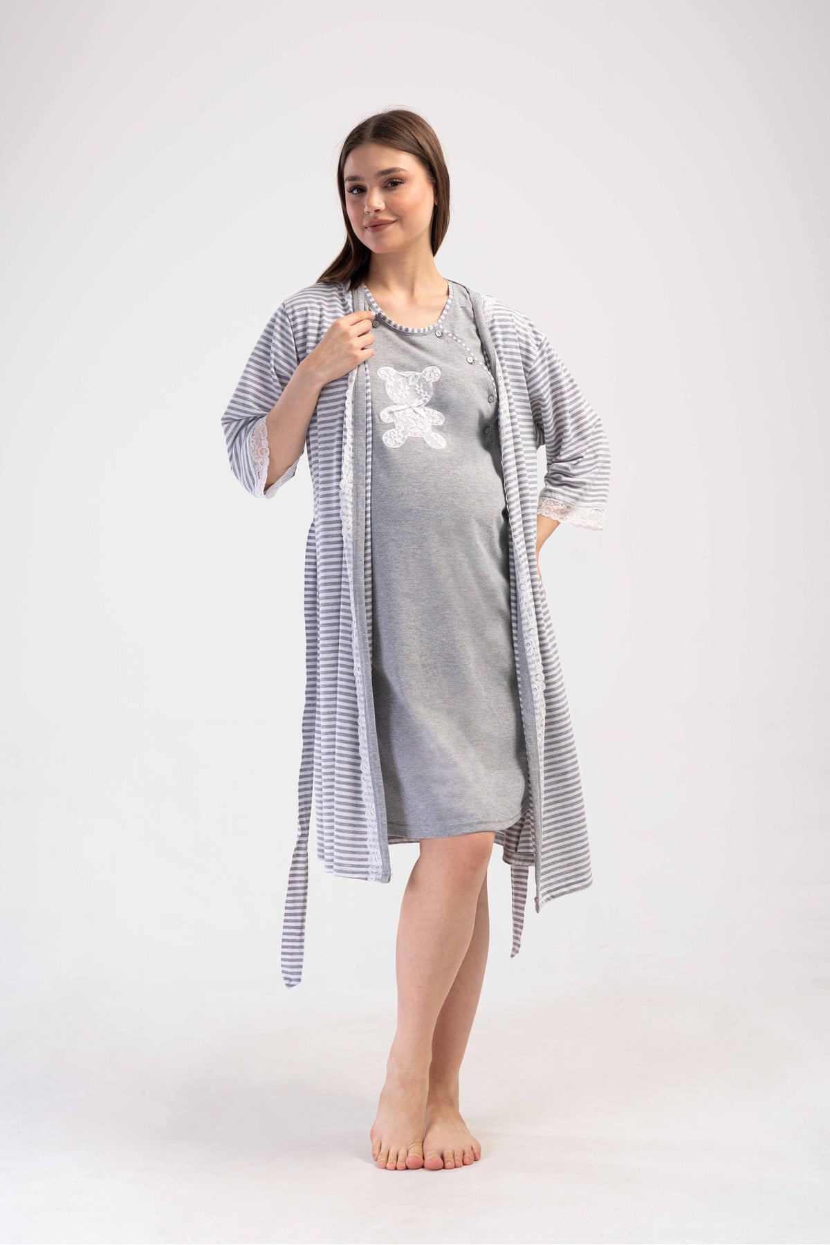Woman Supreme Buttoned 3/4 Sleeve Pregnant Tunic and 3/4 Sleeve Pregnant Dressing Gown Set