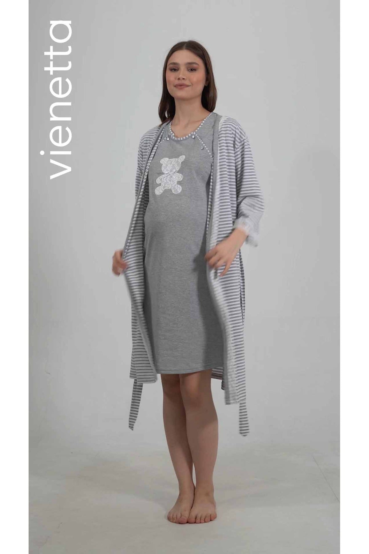 Woman Supreme Buttoned 3/4 Sleeve Pregnant Tunic and 3/4 Sleeve Pregnant Dressing Gown Set