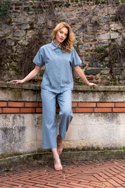 Woman Short Sleeve Buttoned Wrist Length Pants Set