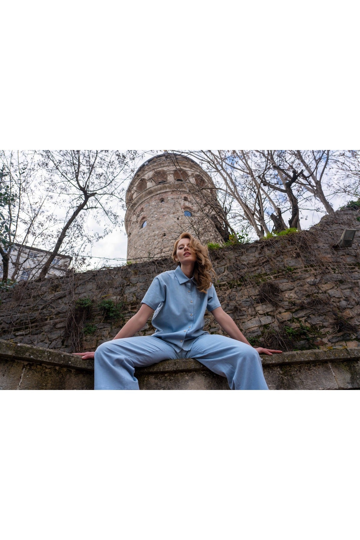 Woman Short Sleeve Buttoned Wrist Length Pants Set