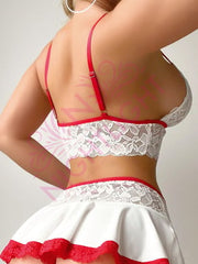 White and Red Lace Lingerie Set with Skirt