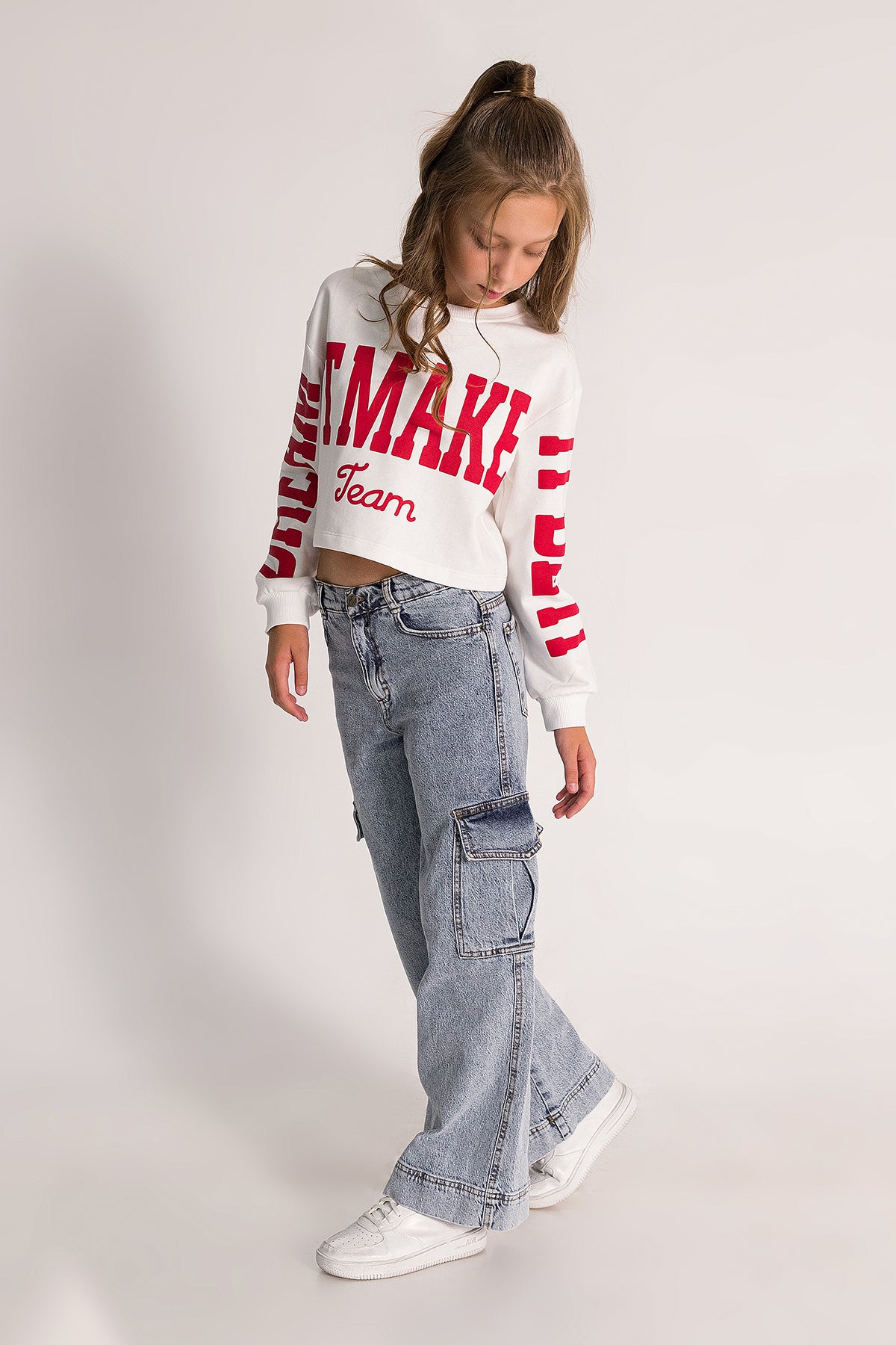 Girl Cargo Pocket Wide Leg Jeans