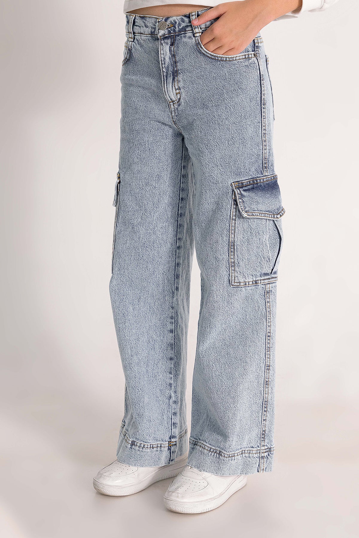 Girl Cargo Pocket Wide Leg Jeans