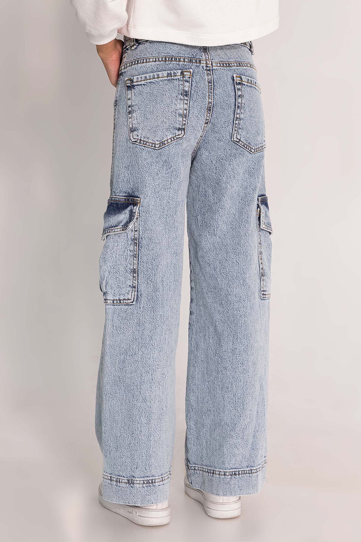 Girl Cargo Pocket Wide Leg Jeans