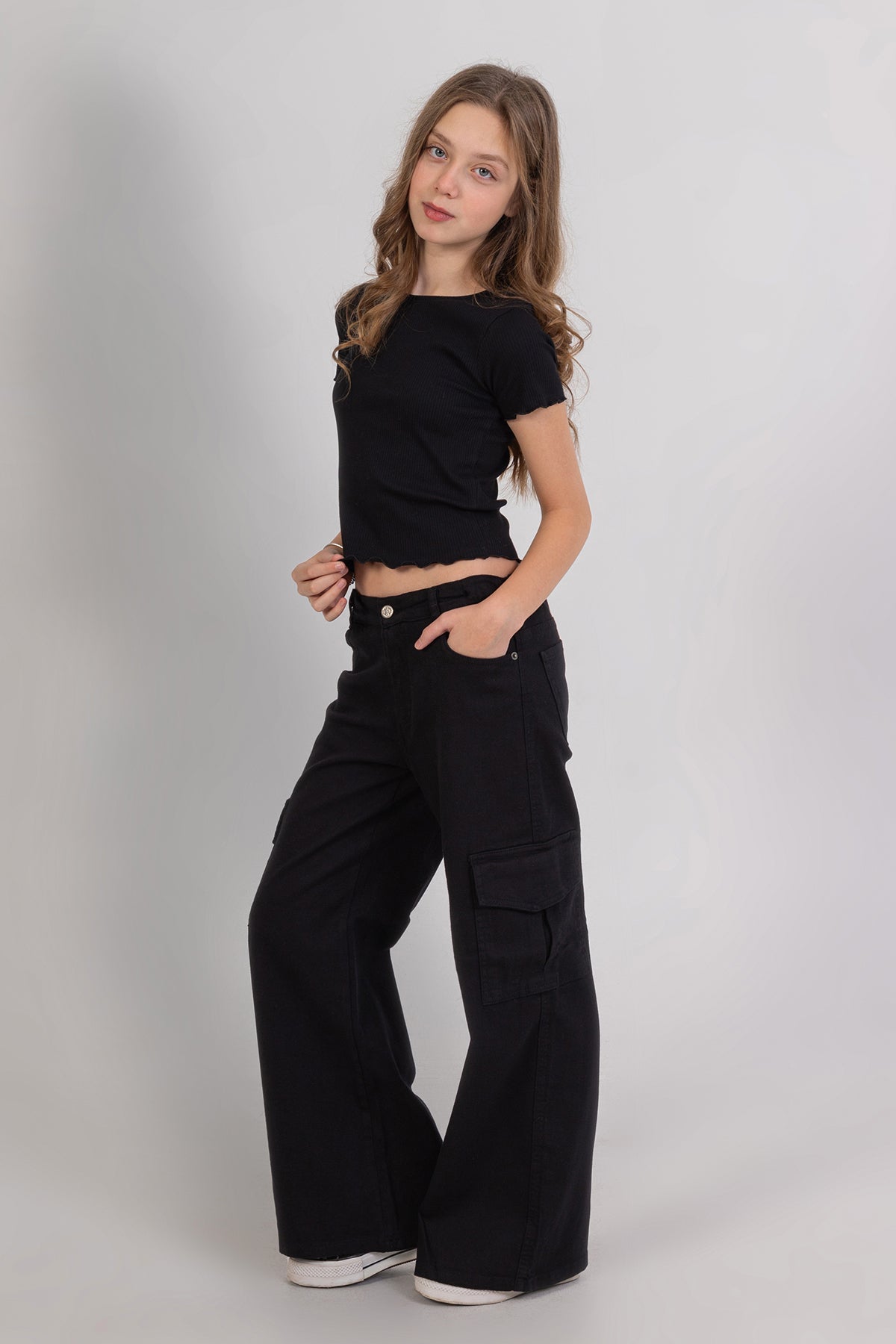 Girl Cargo Pocket Wide Leg Jeans