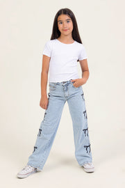 Girl Straight Leg Jeans With Bow Embroidery On The Sides