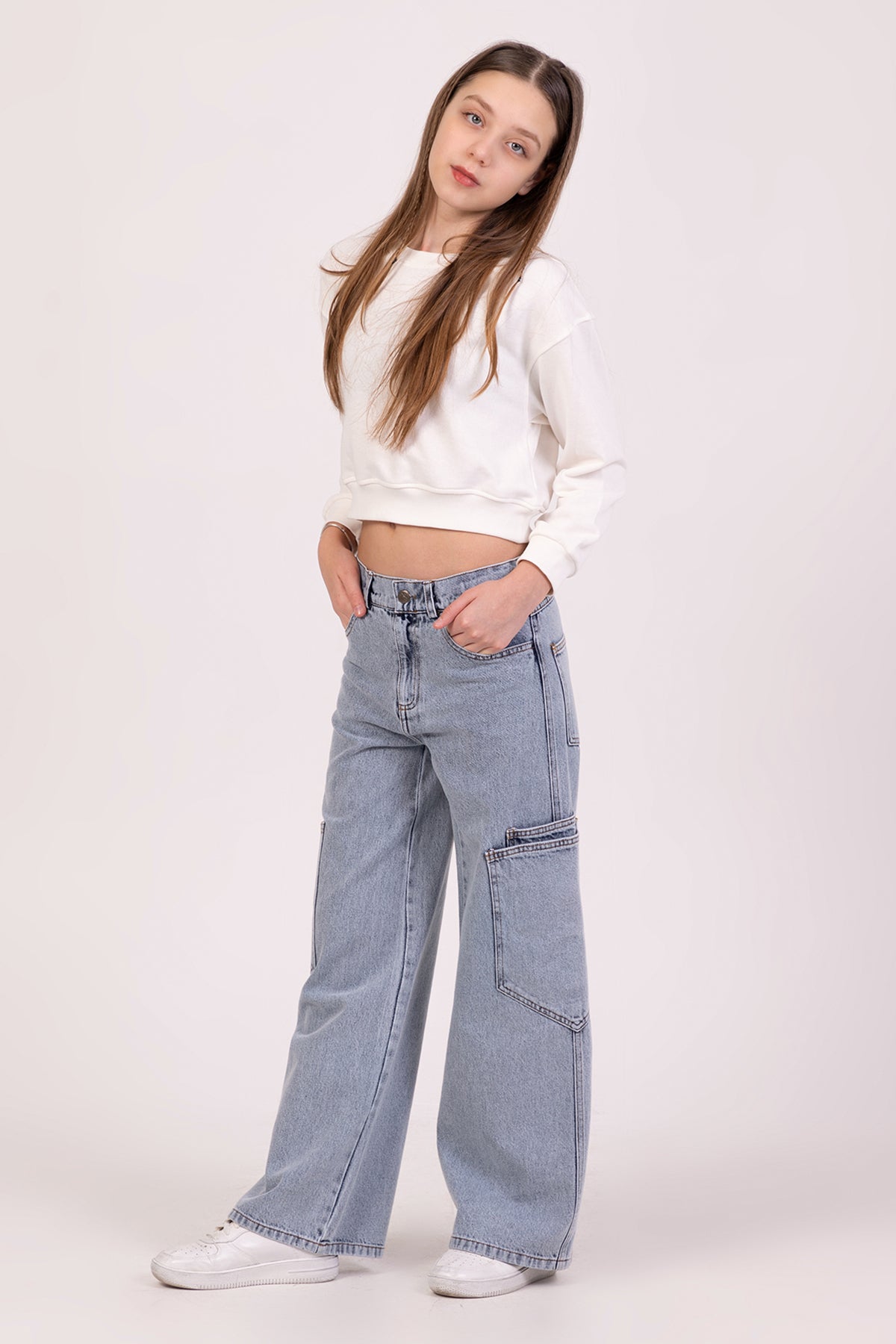Girl Cargo Pocket Wide Leg Jeans