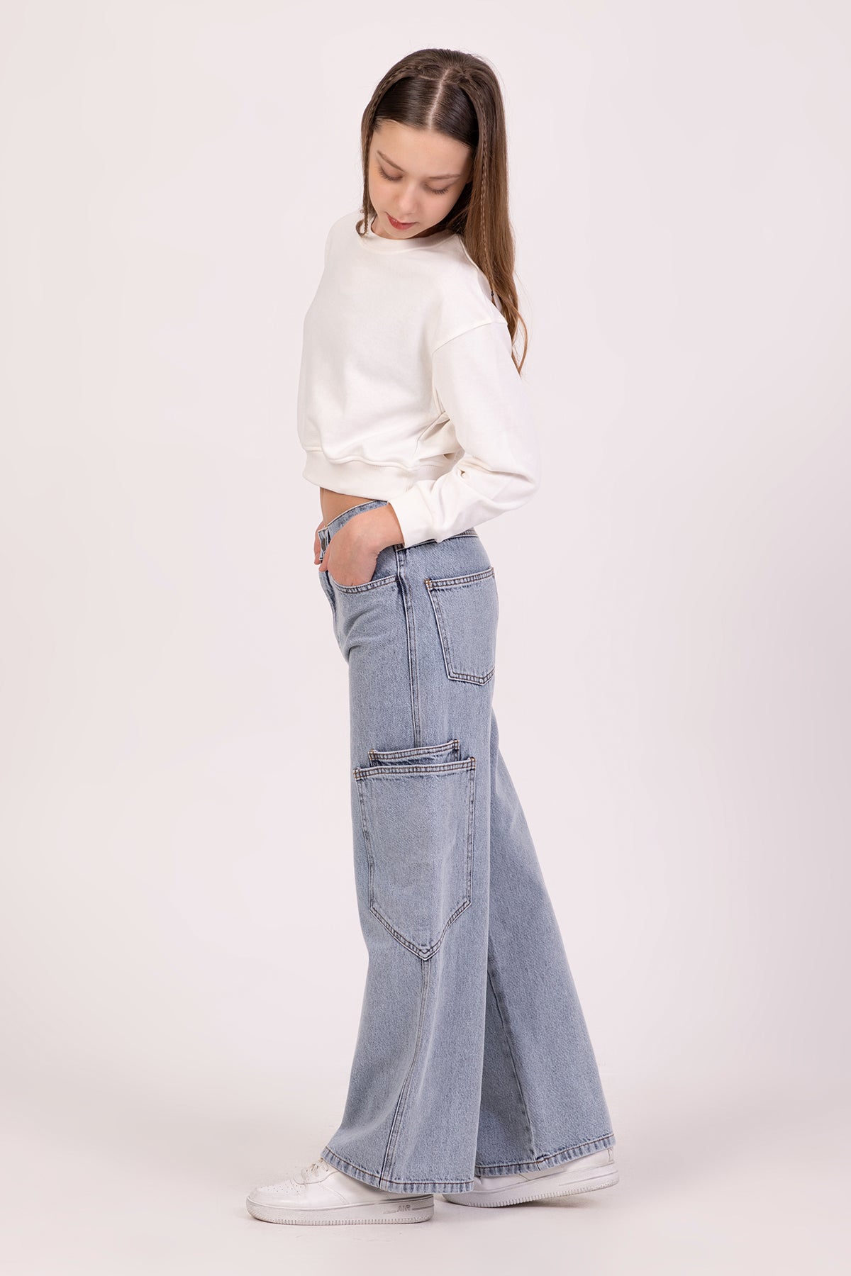 Girl Cargo Pocket Wide Leg Jeans