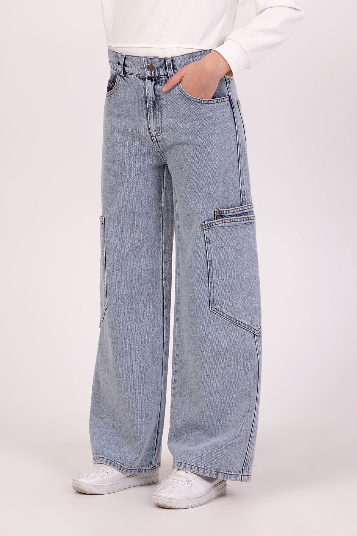 Girl Cargo Pocket Wide Leg Jeans